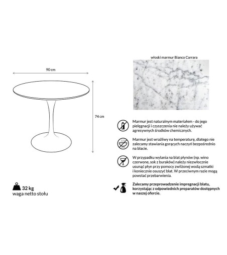 Stół TULIP MARBLE 90 CARRARA biały - blat okrągły marmurowy, metal