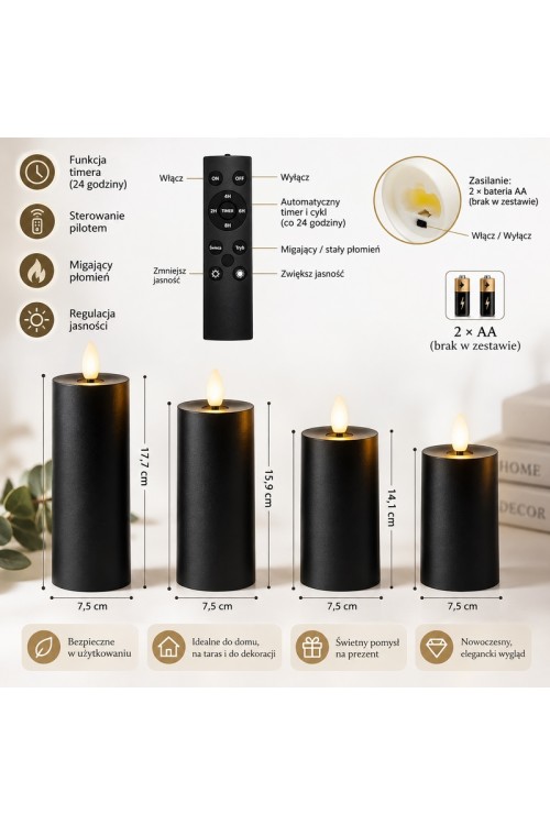Świeca LED z pilotem SHP FLAME czarna 4 szt. | lohome.pl