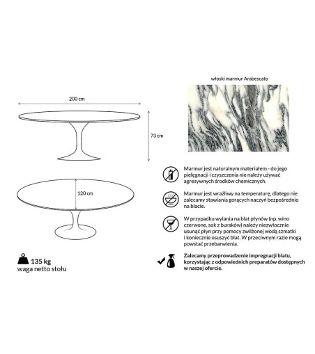Stół TULIP ELLIPSE MARBLE ARABESCATO 200  biały - marmur, metal