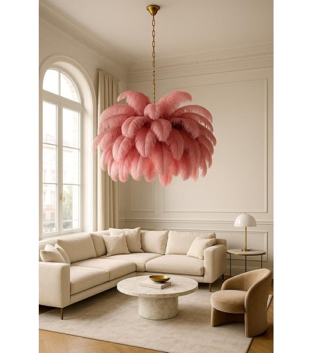 MOOSEE lampa wisząca TIFFANY 135 różowa   mosiądz / naturalne pióra