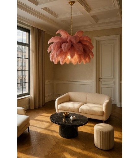 MOOSEE lampa wisząca TIFFANY 135 różowa   mosiądz / naturalne pióra