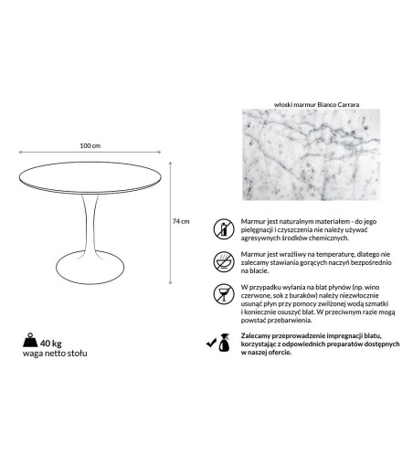 Stół TULIP MARBLE 100 CARRARA biały -     marmur, metal