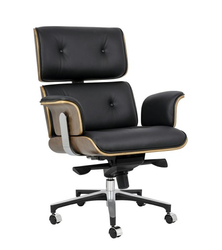 Fotel biurowy LOUNGE BUSINESS czarny - sklejka orzech, skóra naturalna, stal polerowana