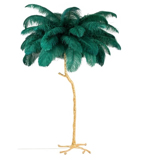 Lampa podłogowa TIFFANY 175 zielona  mosiądz / naturalne pióra