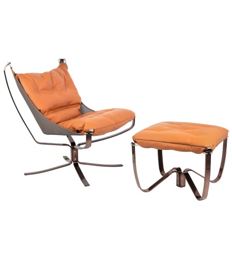 Fotel ARNI LOW z podnóżkiem pomarańczowy  - ekoskóra, miedz