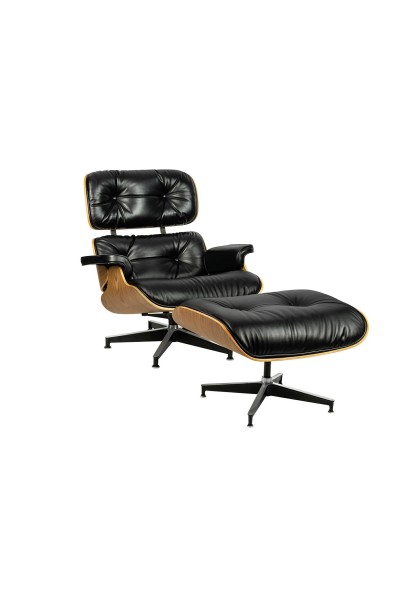 Fotel LOUNGE HM SOFT PREMIUM SZEROKI z podnóżkiem czarny  - sklejka orzech, skóra naturalna