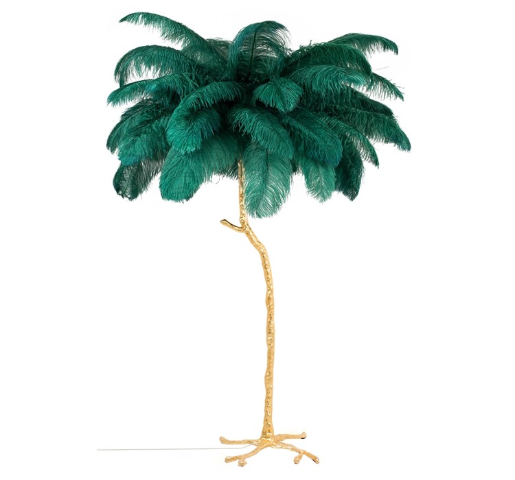 Lampa podłogowa TIFFANY 175 zielona  mosiądz / naturalne pióra