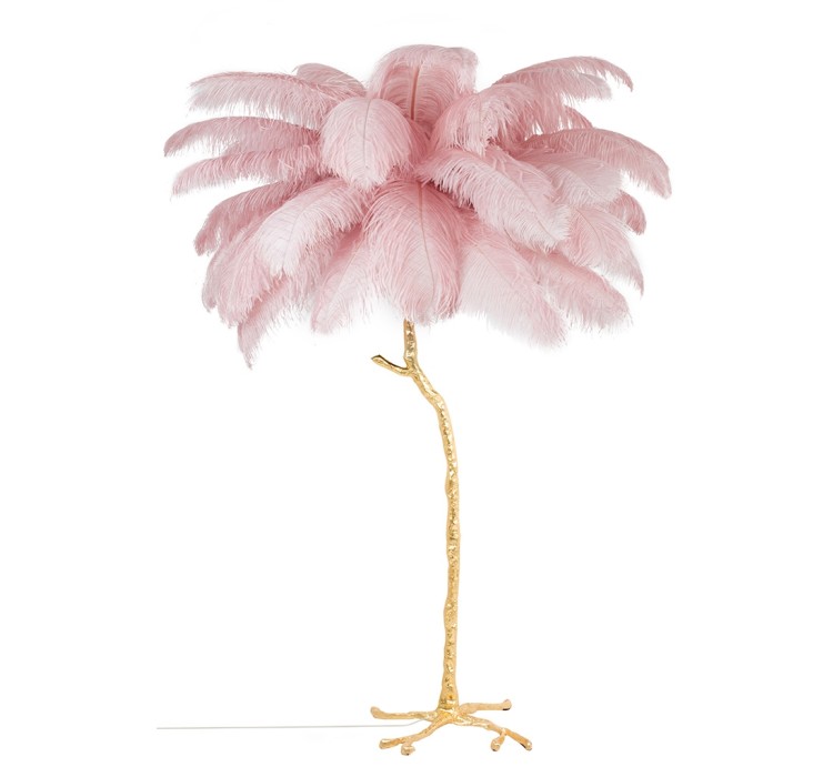 Lampa podłogowa TIFFANY 175 różowa mosiądz / naturalne pióra
