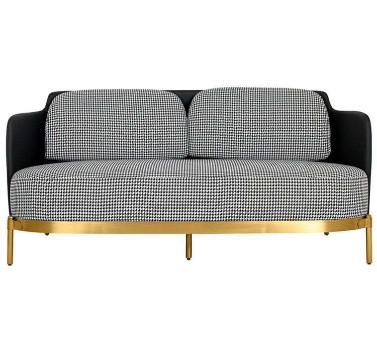 Sofa VENICE tkanina pepitka biało-czarna ekoskóra - złota podstawa